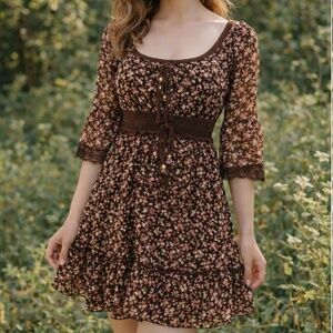 Unique Japanese Cottagecore Boutique Floral Boho Dress – Brown Floral – Size S